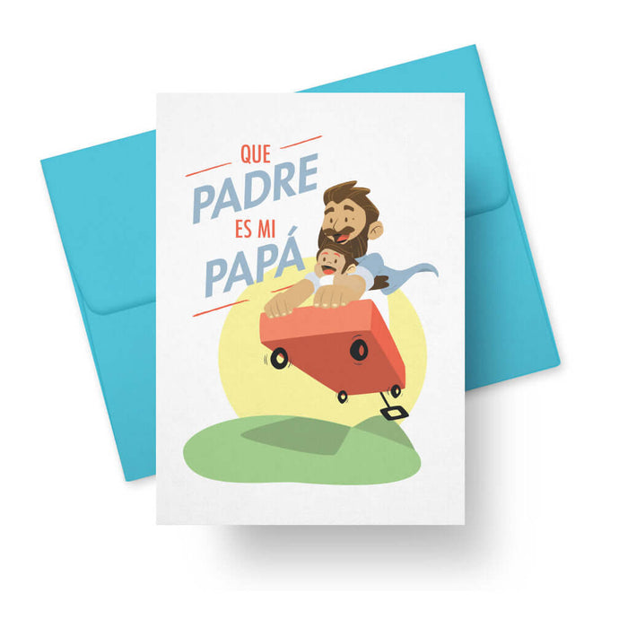Greeting card in Spanish with a blue envelope. Father and Son on a wagon.