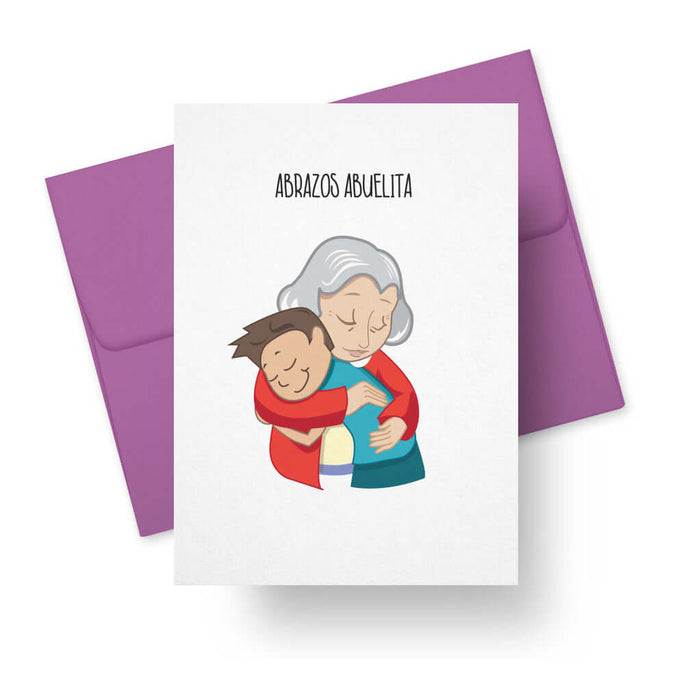 A Spanish mothers day greeting card with a purple envelope and an illustration of a grandma hugging a young boy