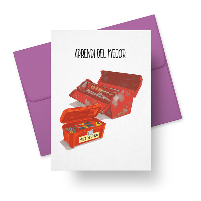 Father’s Day card with red toolbox illustration and text Aprendí del Mejor – bilingual Latino greeting card