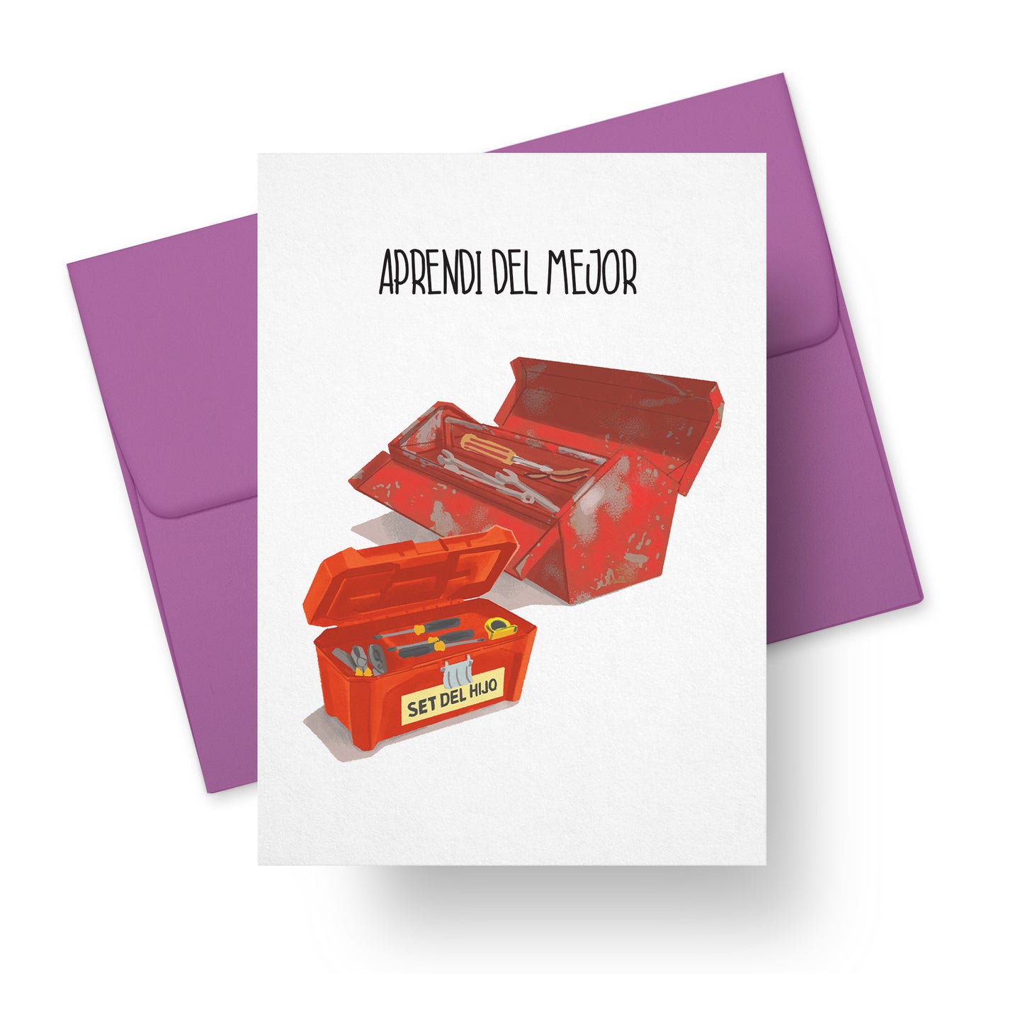 Father’s Day card with red toolbox illustration and text Aprendí del Mejor – bilingual Latino greeting card