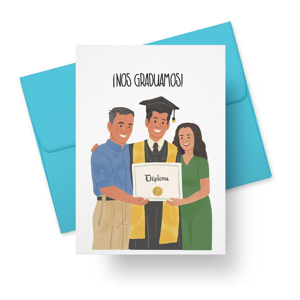 Graduation card with male graduate holding diploma and parents illustration and text ¡Nos Graduamos! – bilingual Latino greeting card