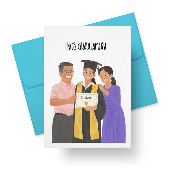 Graduation card with graduate holding diploma and parents illustration and text ¡Nos Graduamos! – bilingual Latino greeting card