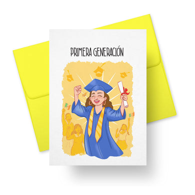 Graduation card with first-generation female graduate in cap and gown illustration and text Primera Generación – bilingual Latino greeting card