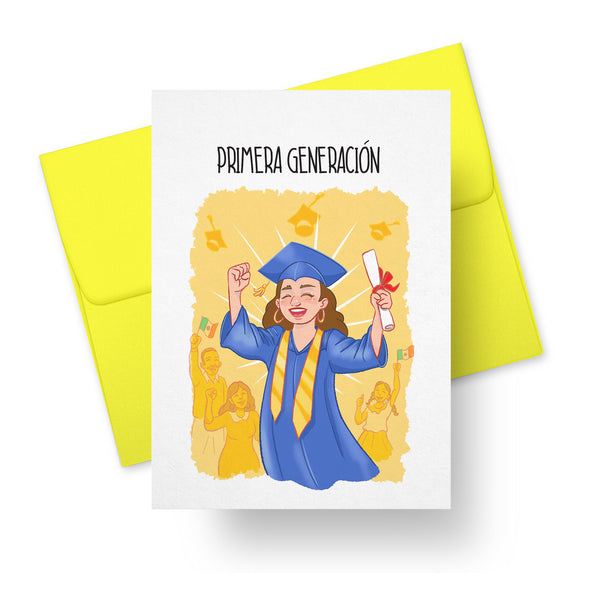 Graduation card with first-generation female graduate in cap and gown illustration and text Primera Generación – bilingual Latino greeting card
