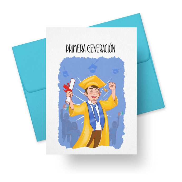 Graduation card with first-generation graduate in cap and gown illustration and text Primera Generación – bilingual Latino greeting card