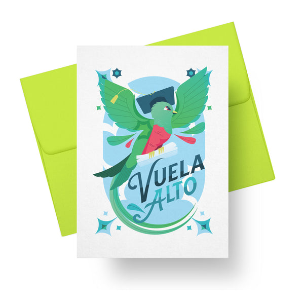 Graduation card with quetzal bird wearing graduation cap and holding diploma with text Vuela Alto – bilingual Latino greeting card
