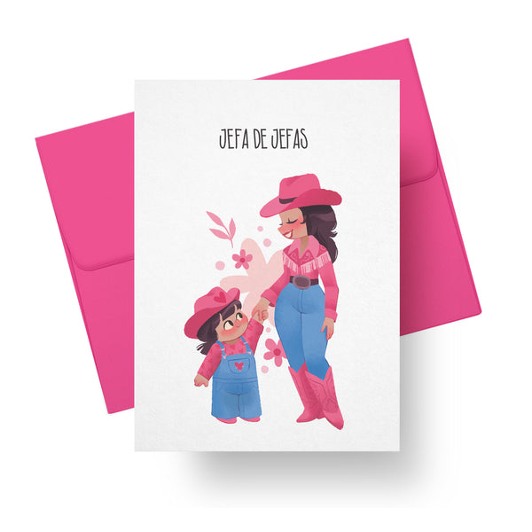 Mother’s Day card with cowgirl mom and daughter illustration and text Jefa de Jefas – bilingual Latino greeting card
