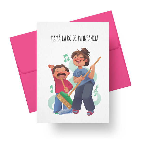 Mother’s Day card with mom and child singing illustration and text Mamá La DJ de mi Infancia – bilingual Latino greeting card