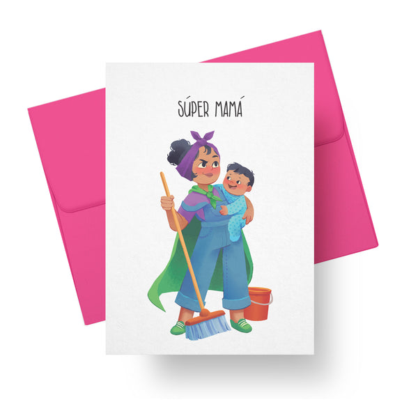Mother’s Day card with mom in a cape holding baby and broom illustration and text Súper Mamá – bilingual Latino greeting card